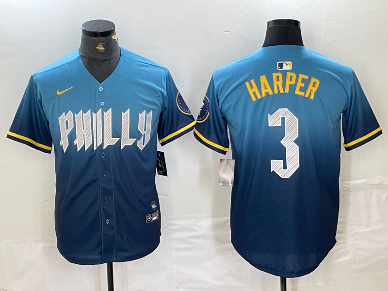 Men's Philadelphia Phillies Bryce Harper #3 Blue 2024 City Connect Limited Jersey